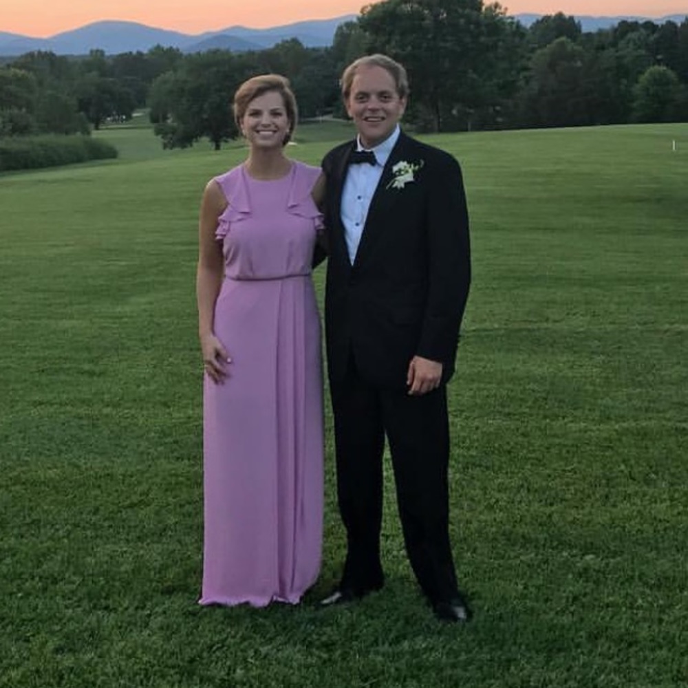 Pink BCBG formal dress with open back and ruffles